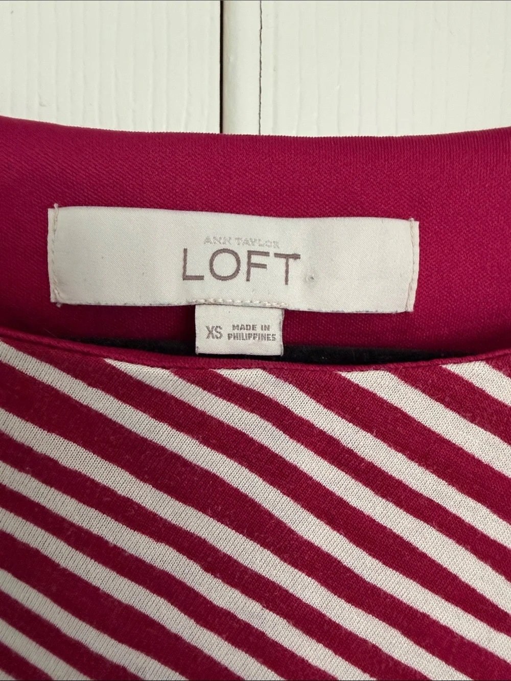 LOFT Wine Red and White Striped Cap-Sleeve Ruched Midi Dress - Picture 2 of 7